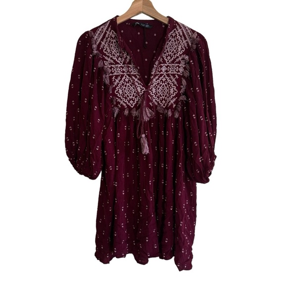 Zara Embroidered Mini Dress Balloon Sleeve V-Neck High Collar Red White Tassel - Picture 4 of 8